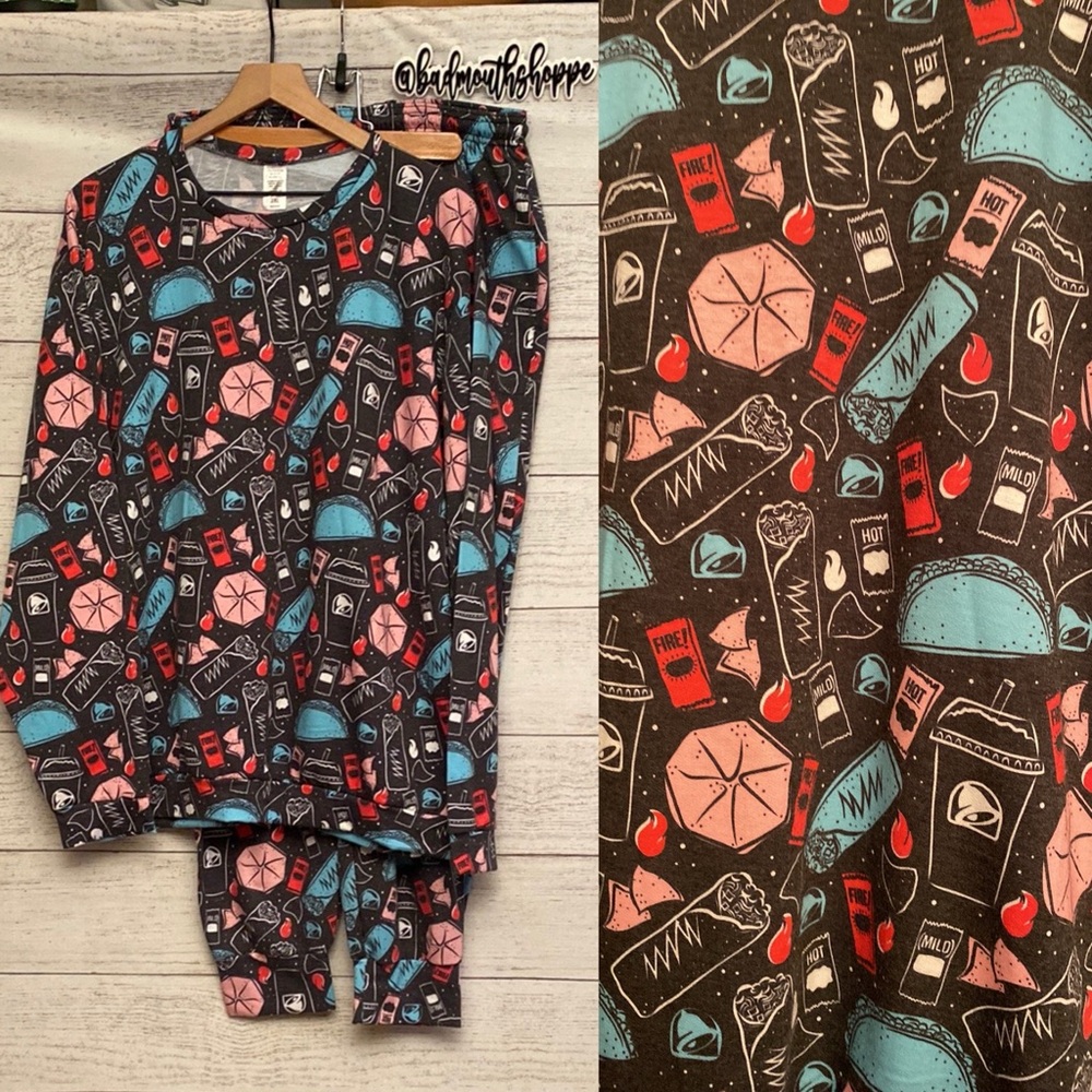 *Taco Bell Shop Neon All Over Menu Items Pop Print Pajama or Jogger Set Plus 2XL